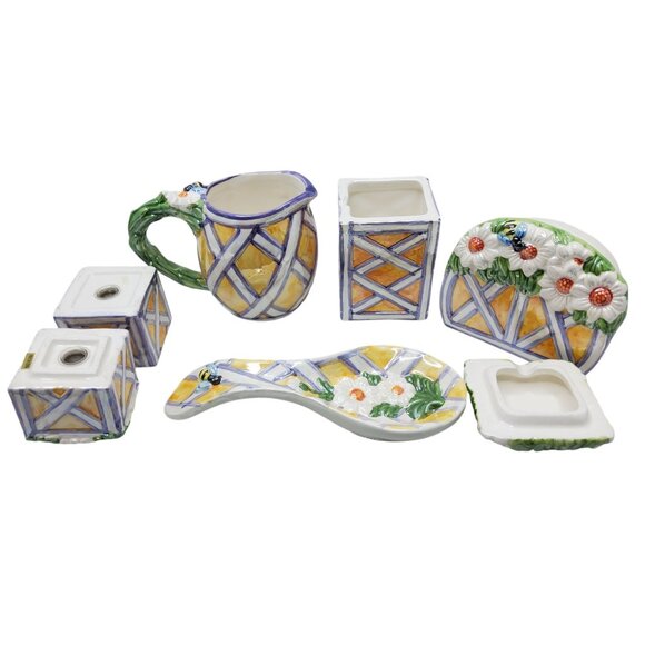 Vintage Glazed Ceramic Daisy and Honeybee Farmhouse Style 7 piece Tabletop Set - Picture 9 of 10